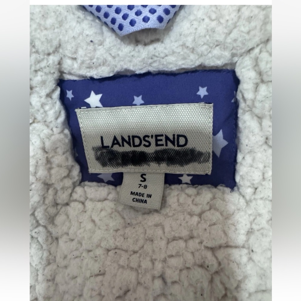 LANDS END GIRLS DOWN WINTER JACKET Sz S 7-8 Hooded Purple Stars - Picture 6 of 9